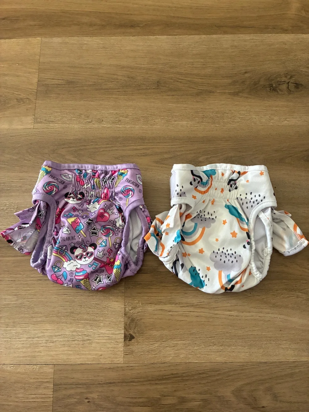 Bundle of 2 Small Reusable Female Dog Diapers Panda Unicorn Rainbow Prints EUC